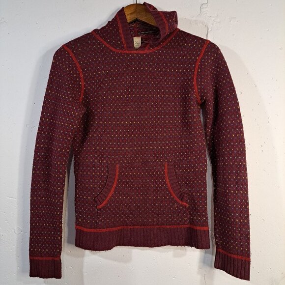 Free‎ People Burgandy Knit Pull Over Women Sweater XS Hoodie Pockets Retro Chic - Picture 1 of 11
